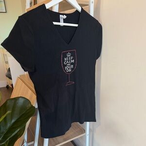 Keep Calm + Pour On ~ V-Neck T-Shirt with Gemstone Wine Glass Design